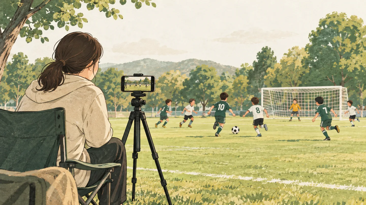 三脚に横向きのスマートフォンを固定し、子どものサッカーの試合を撮影する保護者