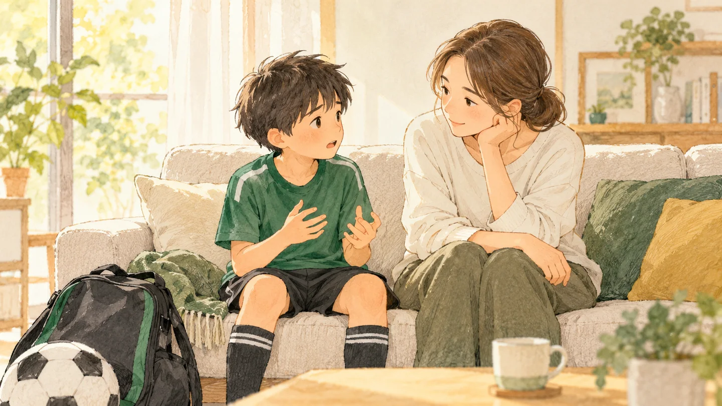 ソファで子どもの話を穏やかに聞く保護者