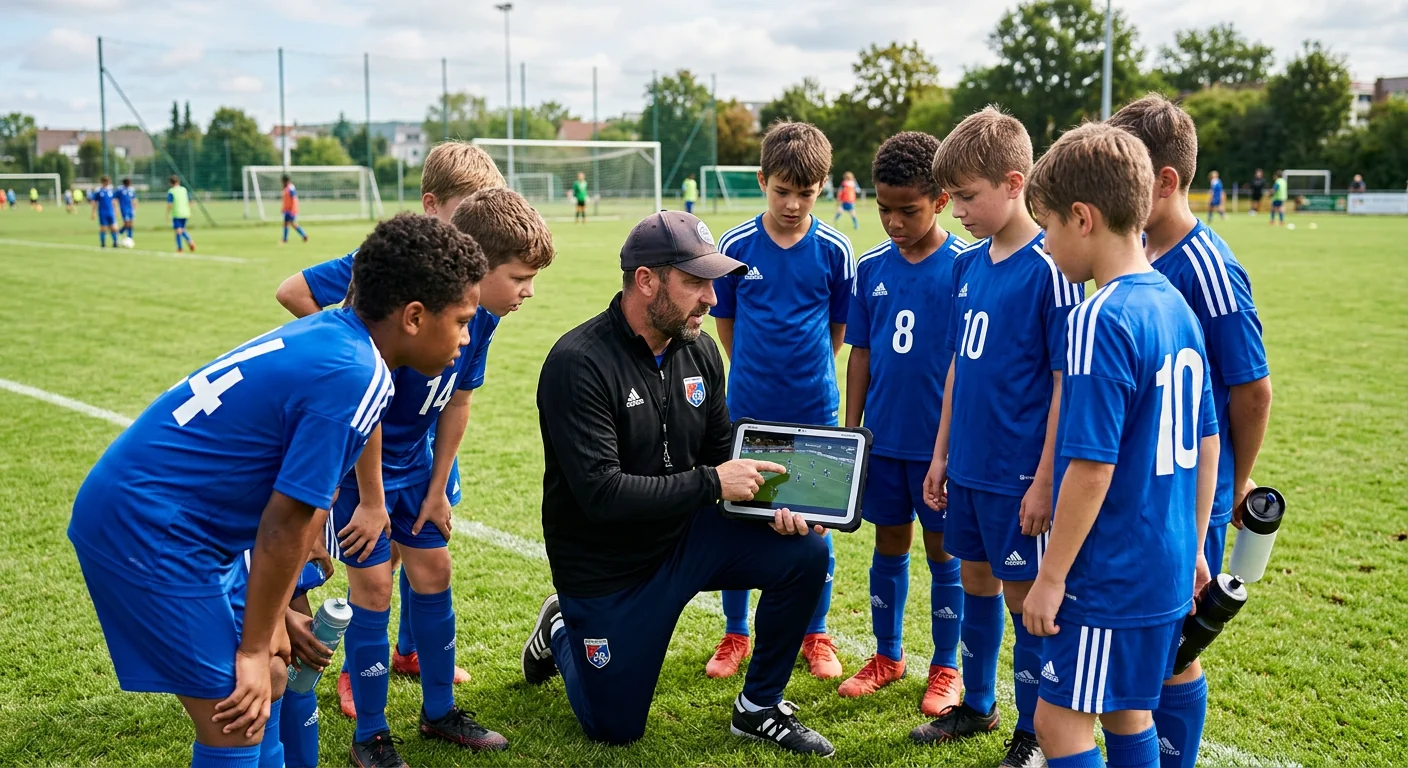タブレットの試合動画を選手と一緒に見る指導者
