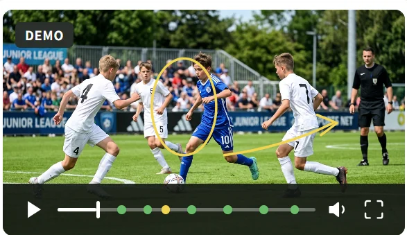 選手とプレーの流れを示した試合動画のデモ画面