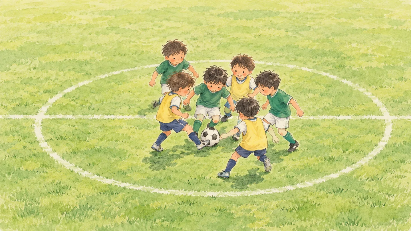ボールに集まり、周りに広いスペースが残る低学年のサッカー