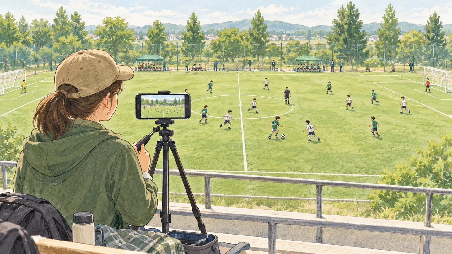高い観客席のハーフライン付近に設置したスマートフォンと三脚