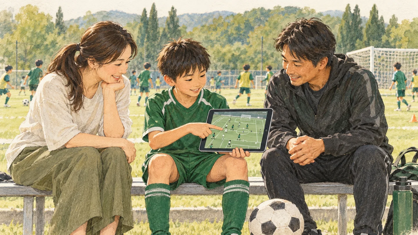 タブレットの試合動画を指す子どもの話を、同じ目線で聞く保護者と指導者