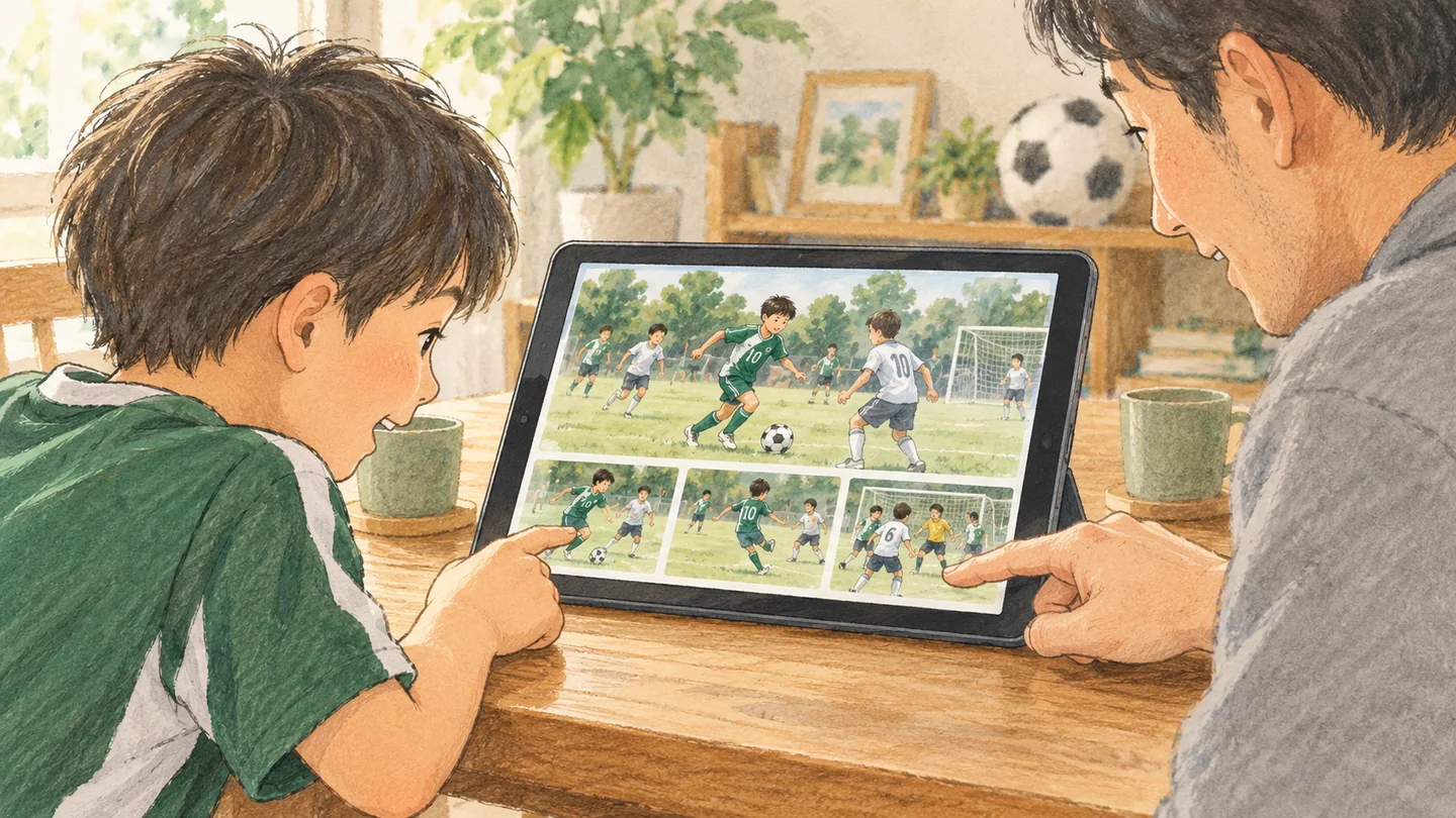 試合動画から振り返る3つの場面を選ぶ親子の手元