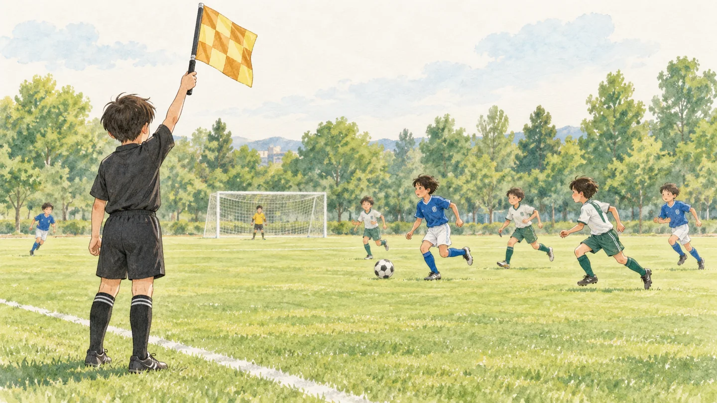 タッチラインで旗を上げる副審と少年サッカーの試合