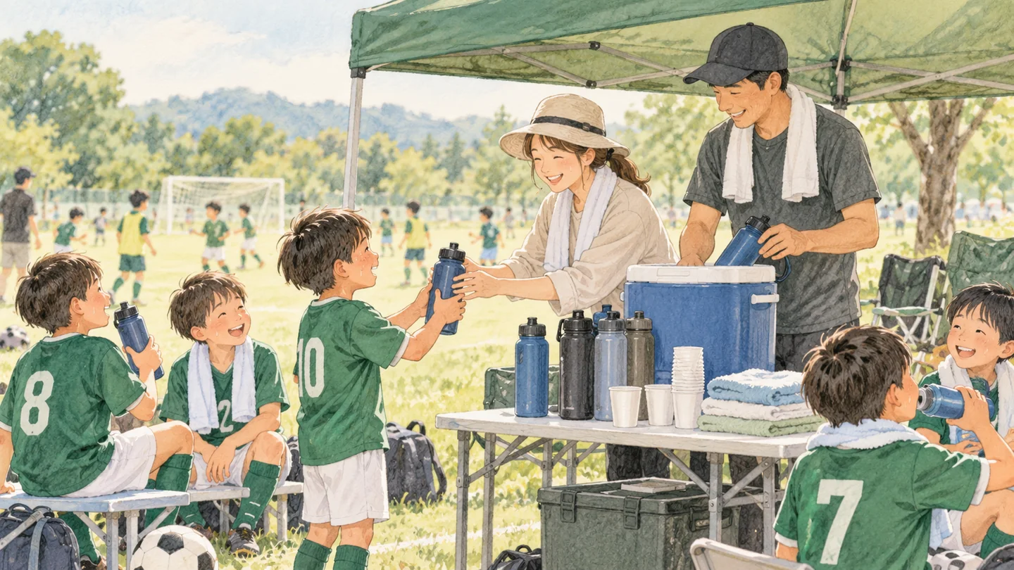 日よけの下で飲み物を準備する当番の保護者