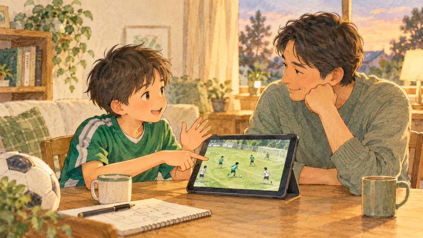 試合後に動画を見ながら、子どもの考えを聞く保護者
