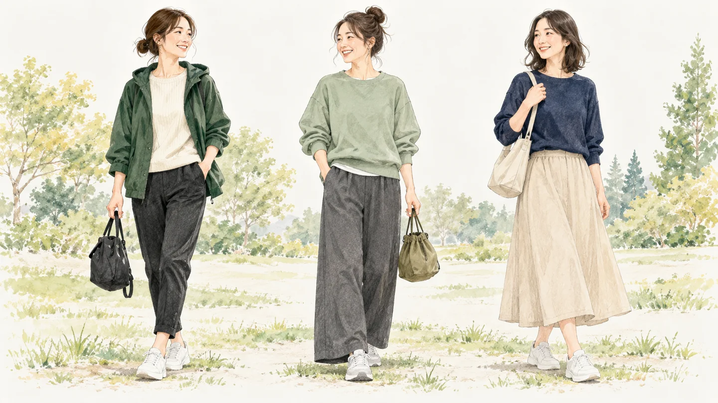ママの観戦コーデ3例。スポーティ、カジュアル、きれいめの着合わせ