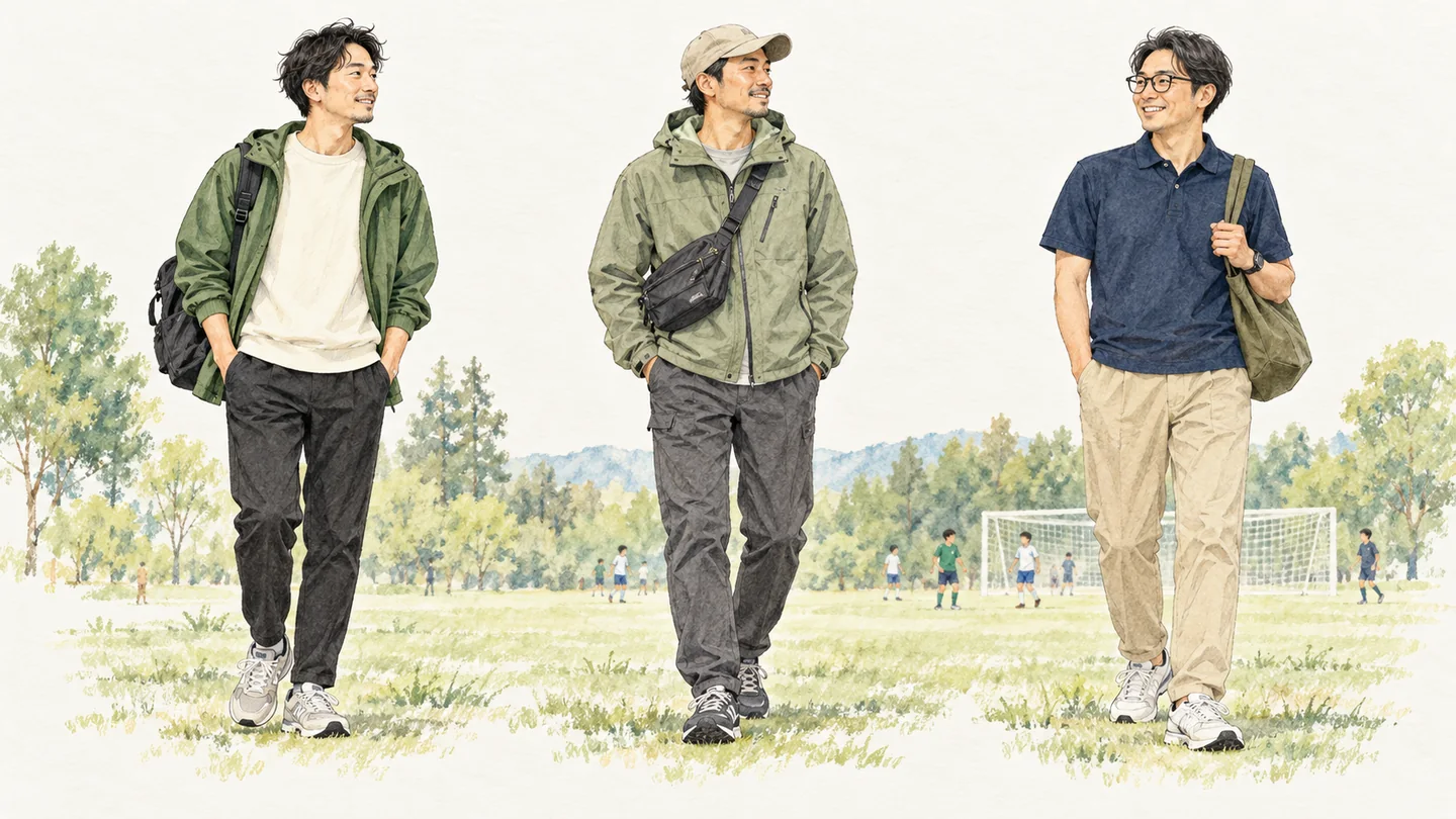 パパの観戦コーデ3例。スポーティ、カジュアル、きれいめの着合わせ