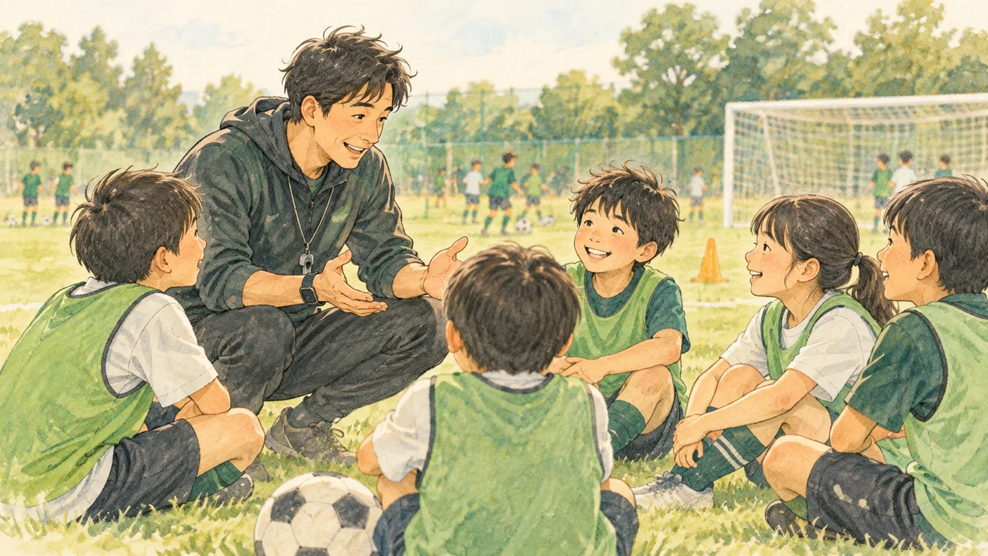 笑顔で子どもたちに声をかけるコーチ